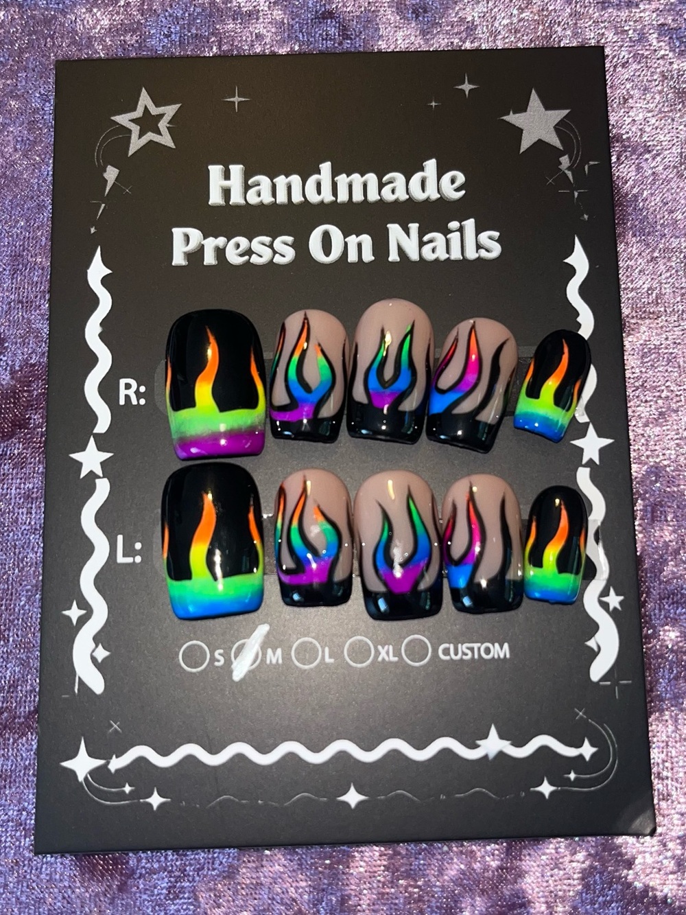 Handmade Press On Nails - Rainbow Flame Design